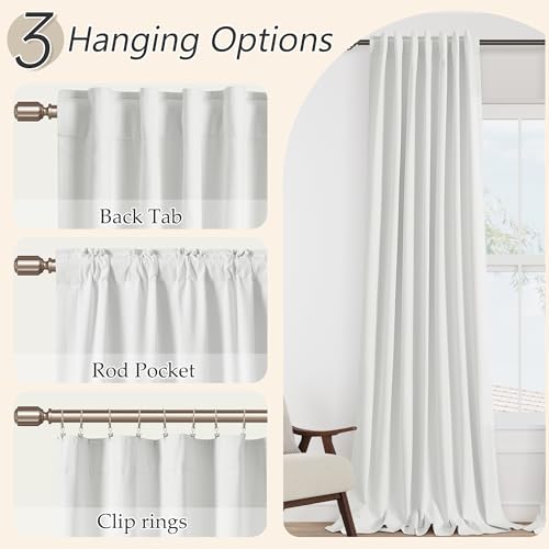 White 100% Blackout Linen Curtains 60 Inch Wide by 90 Inch for Living Room Bedroom Back Tab Thermal Insulated Black Out 1 Drapes Room Darkening Window Curtains (White / 60"W x 90"L (Pack of 1))