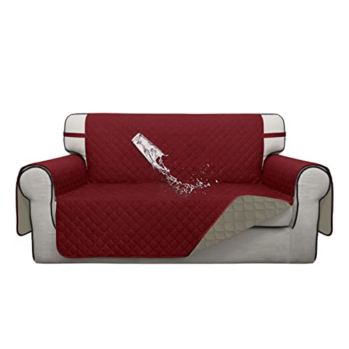 Double Protection 100% Waterproof Loveseat Sofa Covers for Living Room (Christmas Red/Beige / Loveseat Medium)