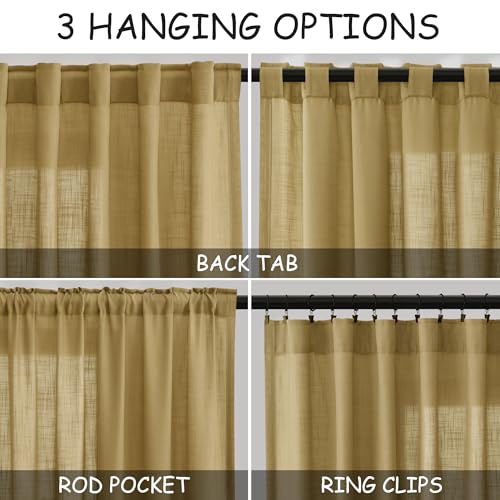 Gold Linen Curtains 63 Inches Long 2 Panel Sets for Living Room Bedroom Rod Pocket Back Tab Light Filtering Drape for Kitchen Window Short Protect Privacy Curtain Modern Farmhouse Decor 52x63 (52"W x 63"L (Pack of 2) / Gold)