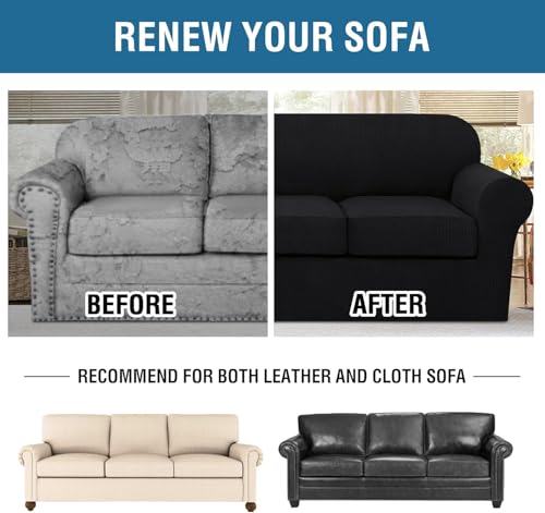 4 Piece Stretch Sofa Covers for 3 Cushion Couch Covers for Living Room Furniture Slipcovers (Large Plus / Black)
