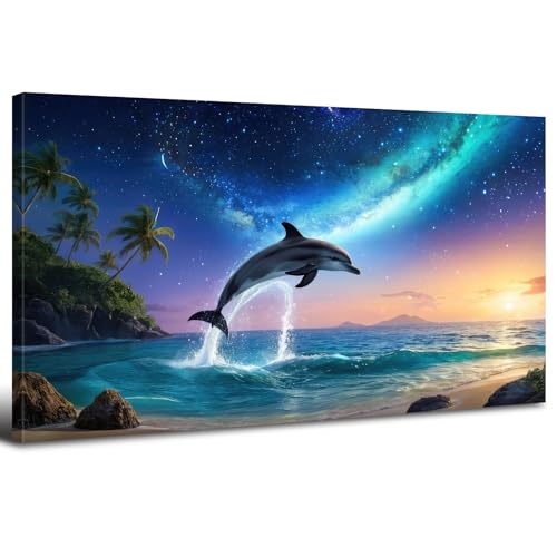 Blue Ocean Wall Art Dolphin Pictures Wall Decor Colorful Galaxy Nebula Starry Canvas Prints Painting Palm Tree Poster Modern Animal Seascape Artwork for Bedroom Living Room Home Decoration 24x48” (48"L x 24"W / Galaxy)