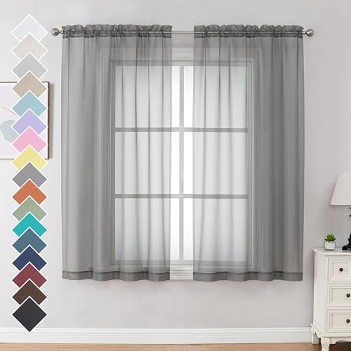 2 Panels Sheer Curtains 63 Inches Long Rod Pocket Light Weight Soft Voile Drapes Curtains for Basement Bathroom Bedroom Living Room (Charcoal Grey / 42"W x 63"L (Pack of 2))