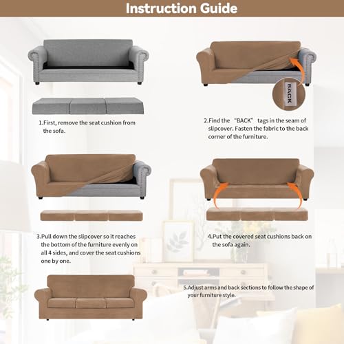 4 Pieces Couch Cover for Sofa Velvet Sofa Covers Washable (Large / Camel)