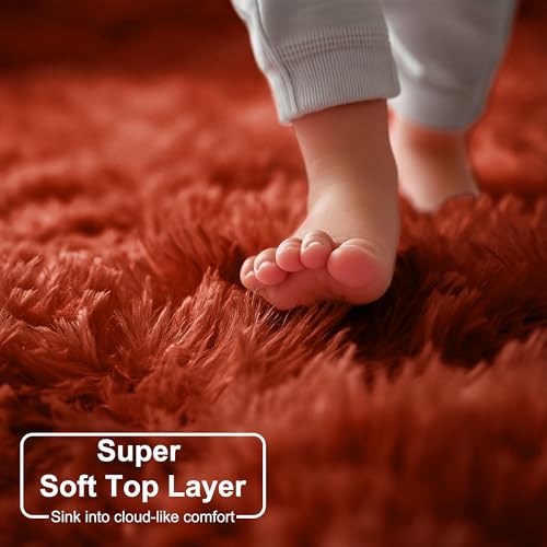 Terracotta Large Furry Round Rug 6Ft for Living Room Kids Bedroom (Terracotta / 6' (Round))