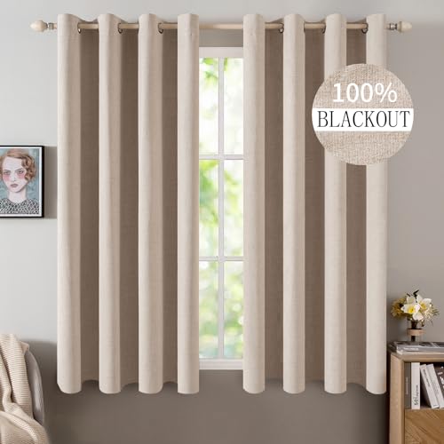 100% Blackout Linen Curtains for Bedroom 52x45 Inches Natural Beige (Beige / 52"W x 45"L (Pack of 2))