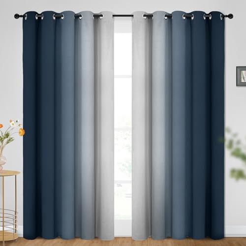 Ombre Navy Blue to Grey White Curtains for Living Room 70Wx84L (70"W x 84"L (Pack of 2) / Navy Blue)
