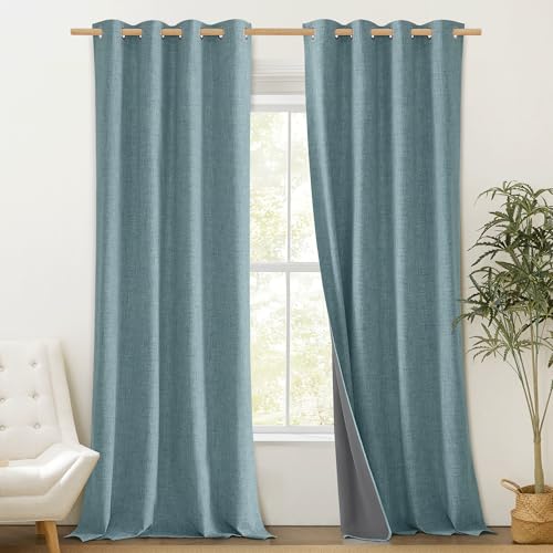 100% Absolutely Blackout Linen Curtains with Thermal Insulated Liner (52"W x 102"L (Pack of 2) / Skylark Blue)