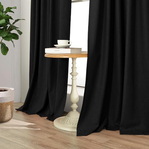 Nursery Blackout Curtains 63 Inch Length for Bedroom 2 Panels Back Tab Pocket Heavy Thick Linen Textured Room Darkening Sound Proof Insulated Thermal Dark Out Black Curtain for Winter 63 Inches Long (Black / 52"W x 63"L (Pack of 2))