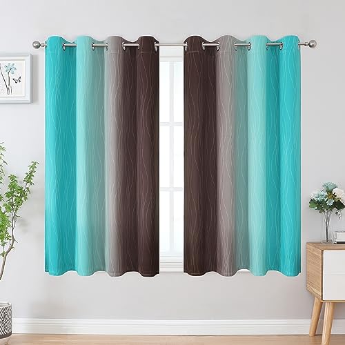 Brown and Teal Ombre Blackout Curtains for Bedroom 54 Inch (Teal and Brown / 52"W x 54"L (Pack of 2))