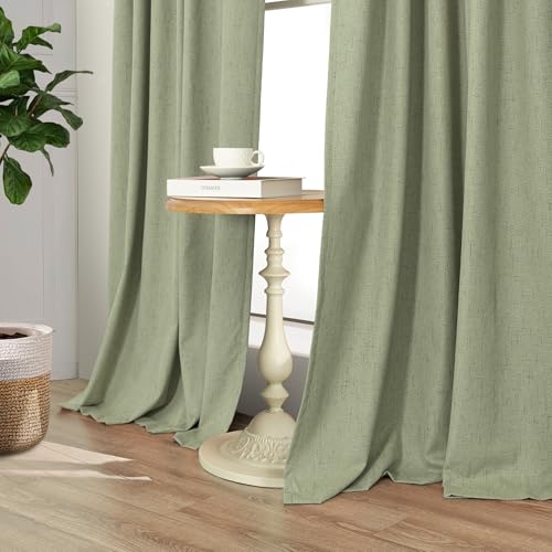 Light Sage Green Black Out Curtains 96 Inch Long for Bedroom 2 Panel Linen Textured Boho Blackout Curtains Darkening Neutral Farmhouse Thermal Drapes for Sliding Doors Patio Living Room 52x96 Length (Sage Green / 52"W x 96"L (Pack of 2))