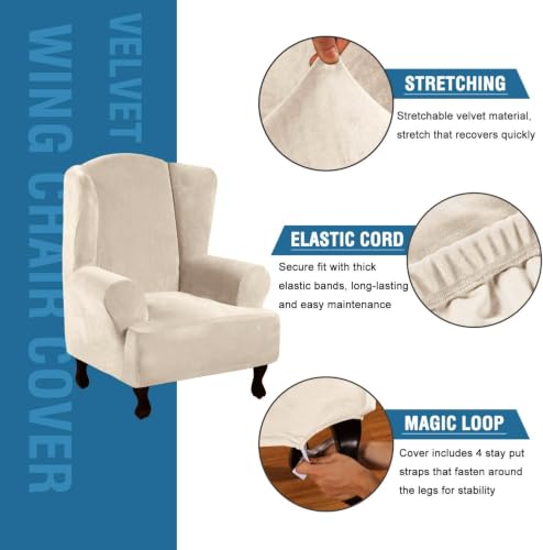 Wingback Chair Covers Velvet Plush Wing Chair Slipcover 1 Piece High Stretch Wing Back Chair Slipcovers Sofa Cover Furniture Cover with Elastic Bottom (Ivory / Wing Chair)