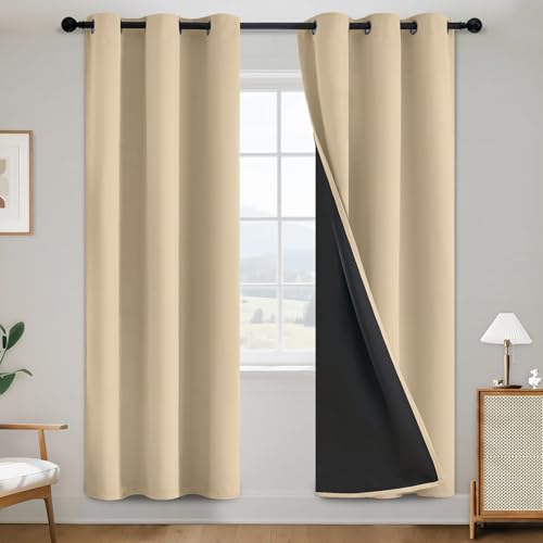 Beige 100% Blackout Curtains Room Darkening Living Room 72 Inch (Beige / 38"W x 72"L (Pack of 2))
