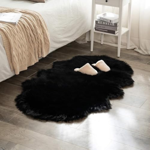 Fluffy Area Rug 3x5 ft Faux Fur Sheepskin Rug for Bedroom Black (3' x 5' (Sheepskin) / Black)