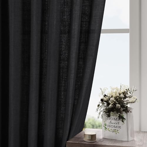 Balck Sheer Linen Curtains 94 inch Length for Bedroom Back Tab Rod Pocket Modern Farmhouse Muslin Look Cotton Textured Black Window Curtains 94 inches Long for Dining Room Living Office 2 Panels (52"W x 94"L (Pack of 2) / Black)
