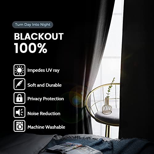 Black 100% Blackout Curtains Room Darkening Living Room 72 Inch (Black / 52"W x 72"L (Pack of 2))