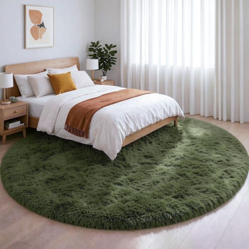Olive Green Round Shag Area Rug 4Ft for Bedroom Living Room Office (Olive Green / 4' (Round))