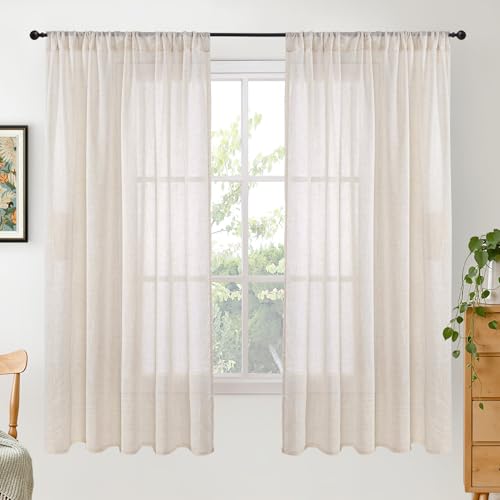 Oatmeal Linen Semi Sheer Curtains 63 Inch Length for Living Room (Oatmeal / 52"W x 63"L (Pack of 2))