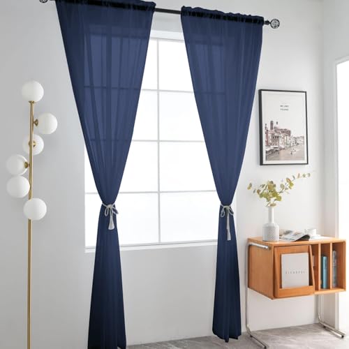 Sheer Voile Window Treatment Rod Pocket Curtain Panels for Kitchen Bedroom Living Room Drapes Sunlight Filtering Privacy Semi Home Decor Assorted Colors Sizes (Navy / 52"W x 90"L (Pack of 2))