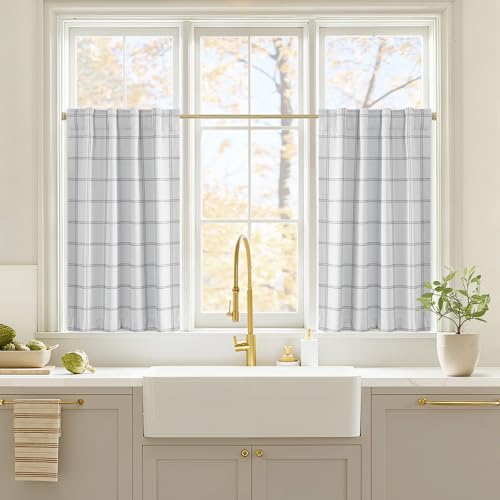Farmhouse 100% Blackout White Kitchen Buffalo Plaid Curtains (26"W x 36"L (Pack of 2) / Grid Pattern | White & White)