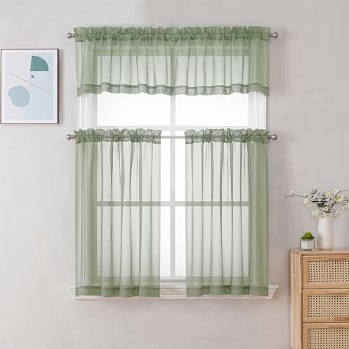 Sheer Sage Green Valances for Windows 2 Pack (Sage Green / 42"W x 18"L (Pack of 2))