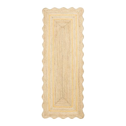 Wave Scalloped Jute Runner Handwoven Hallway Runner Yellow 2'x20' (2'x20' / Yellow)