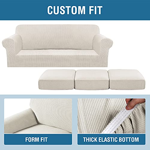 4 Piece Stretch Couch Covers for 3 Cushion Couch Sofa Furniture Slipcovers Feature Upgraded Thicker Jacquard Fabric (Large / Ivory)