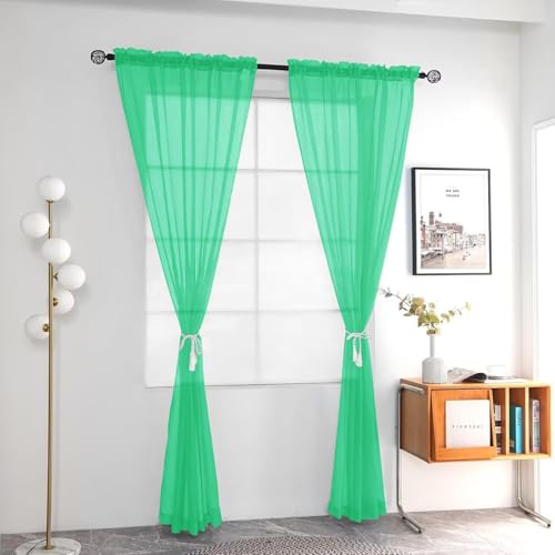 Solid Sheer Rod Pocket Curtain Voile Draperies 2 Panels White Beige Black Grey Ivory 52 Inch Width 96 Inch Long 1 Pair for Kitchen Bedroom Children Living Room Yard (Grass Green / 52"W x 96"L (Pack of 2))