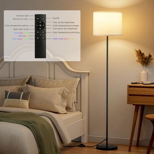 Floor Lamp for Living Room with Smart Light Bulb (White Shade Black Pole RGB / 60 Inches (With Bulb))