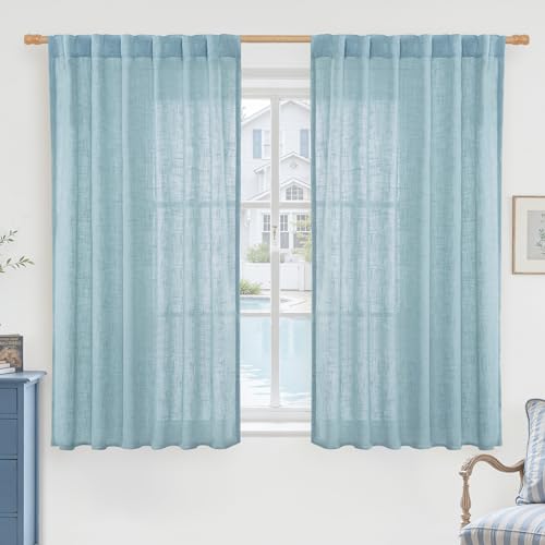 Semi Sheer Linen Curtains 45 Inches Long for Windows (Stone Blue / 52"W x 45"L (Pack of 2))