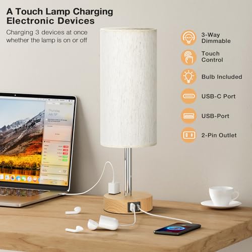 Bedside Table Lamp for Bedroom (Cream Shade-Wood Base / 14")