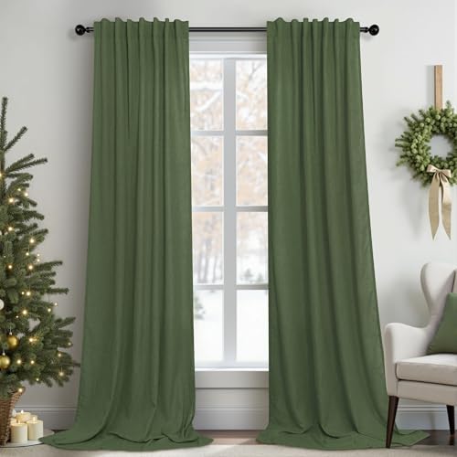Olive Green Curtains 96 Inches 8 FT Long for Living Room 2 Panels Back Tab Pocket Drape Thick Sheer Linen Cotton Modern Rustic Trendy Earthy Army Moss Green Curtain for Bedroom Farm House Decor (52"W x 96"L (Pack of 2) / Olive Green)