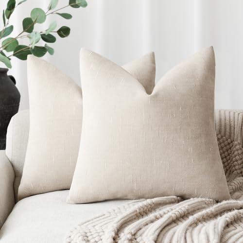 Solid Textured Chenille Throw Pillow Covers 22x22 (22" x 22" (Pack of 2) / Light Beige)