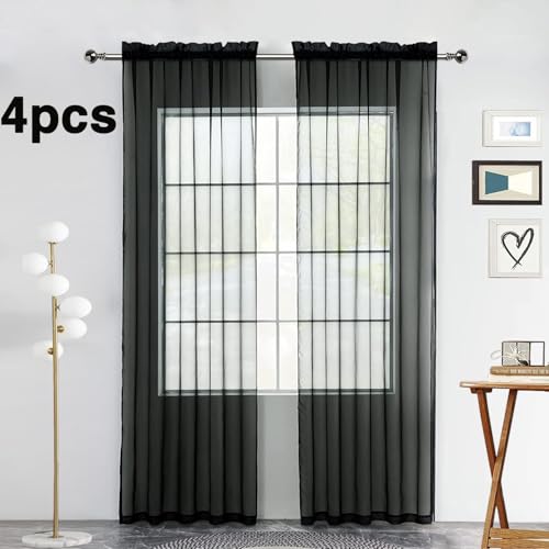 Black Sheer Curtains 4 Panels Rod Pocket Semi (Black / 52"W x 54"L (Pack of 4))