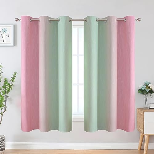 Sage Green and Pink Ombre Blackout Curtains for Bedroom (Sage and Pink / 42"W x 63"L (Pack of 2))