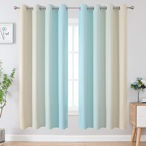 Aqua and Beige Ombre Blackout Curtains for Bedroom 72 Inch (Beige and Aqua / 52"W x 72"L (Pack of 2))