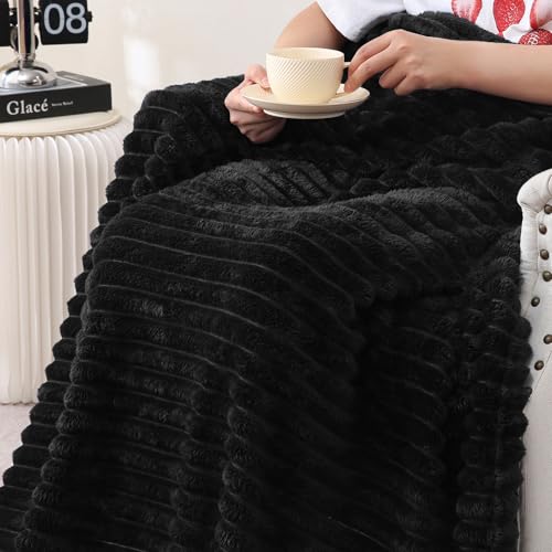 Black Fleece Throw Blanket 108”×90” for Couch Sofa Livingroom (Black / 108×90inch)