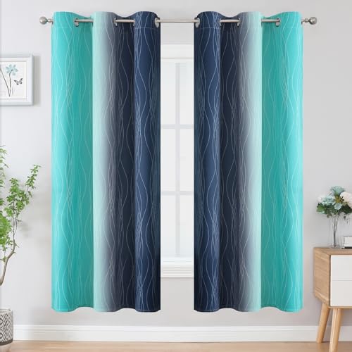 Navy Blue and Teal Gradient Blackout Curtains for Living Room 72 Inch Long (Navy Blue and Teal / 42"W x 72"L (Pack of 2))