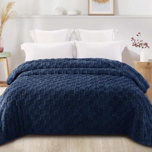 3D Checkered Fleece Queen Blanket for Bed (Navy Blue / Queen (90"x90"))