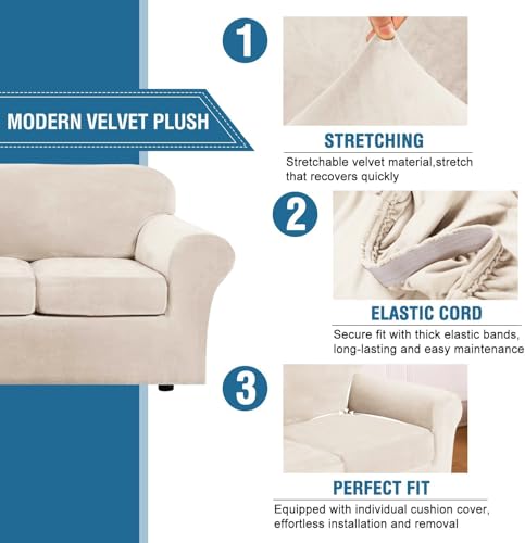 Modern Velvet Plush 4 Piece High Stretch Sofa Slipcover Furniture Protector Form Fit Velvet Extra Large Sofa Cover for 3 Cushion Couch Width Up to 105 Inch (3 Cushion XL Sofa / Cream)