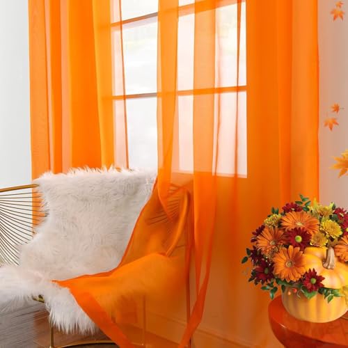 Solid Sheer Rod Pocket Curtain Voile Draperies 2 Panels Orange Beige Black Grey Coffee 38 Inch Width 72 Inch Long 1 Pair for Kitchen Bedroom Children Living Room Yard (Orange / 38"W x 72"L (Pack of 2))