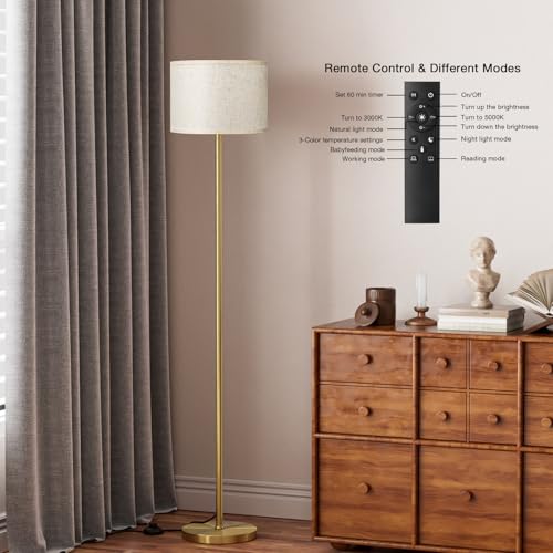 60'' Modern Floor Lamp with Remote (Beige Shade Gold Pole Remote / 60 Inches (With Bulb))