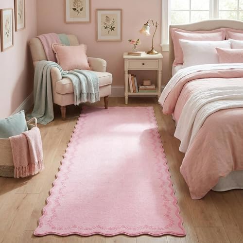 2.5x10 Scalloped Washable Runner Rug Long Hallway Kitchen Rug (Pink / 2'6" x 10' (Rectangular))