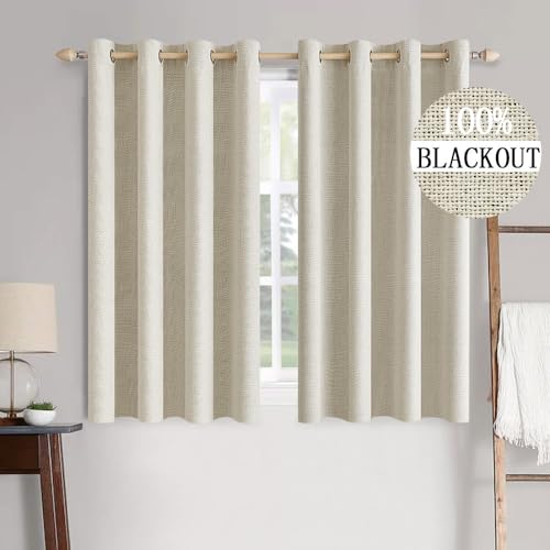 100% Blackout Linen Curtains for Bedroom 52x45 Inches Butter Cream (Butter Cream / 52"W x 45"L (Pack of 2))
