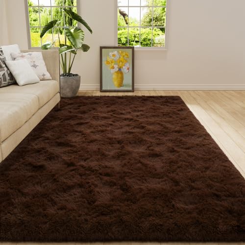 Shag Fluffy Area Rug for Bedroom Girls Living Room (5'3" x 7'7" (Rectangular) / Brown)