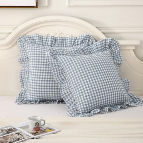 Blue Plaid Ruffle Gingham Throw Pillow Covers 20"x20" Set of 2 (20" x 20" (Pack of 2) / Blue Gingham)
