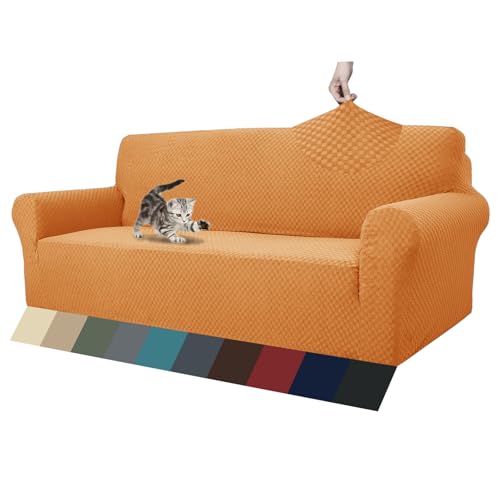 1 Piece Jacquard Couch Covers for 3 Cushion Couch High Stretch Sofa Cover for Pets Dogs Anti Slip Extra Large Sofa Slipcovers Furniture Protector (X-Large (91"-112") / Orange)