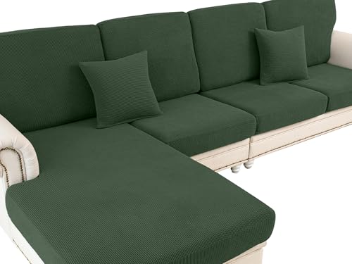 Couch Cushion Covers for Sectional Sofa L Shape Washable Separate Seat Chaise Couch Cover Stretch Sofa Slipcovers with 2 Pcs Pillowcases (Green / Seat Only: 3 Seat + 1 Chaise)