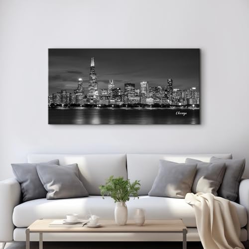 Chicago Skyline Wall Art Black and White City Canvas Prints for Living Room Modern Cityscape Painting Posters Chicago City Center Night View Pictures Aesthetic Artwork for Home Decorations 24x48" (48"L x 24"W / Chicago)