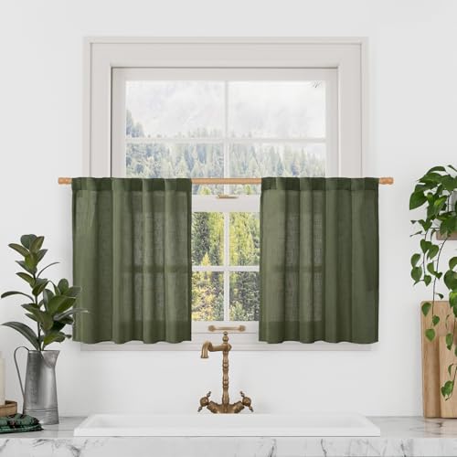 Kitchen Semi Sheer Linen Curtains 24 Inch Long for Small Window (Olive Green / 34"W x 24"L (Pack of 2))