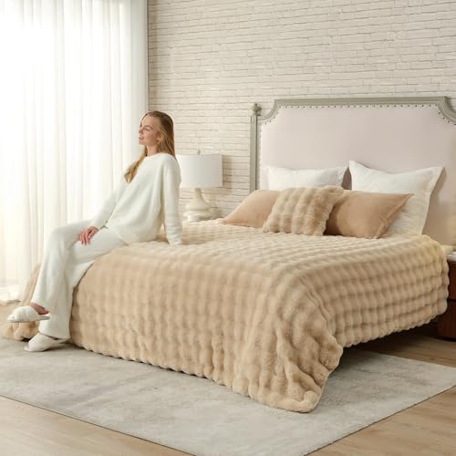 Faux Fur Throw Blanket for Couch (Beige / Queen(90" x 90"))